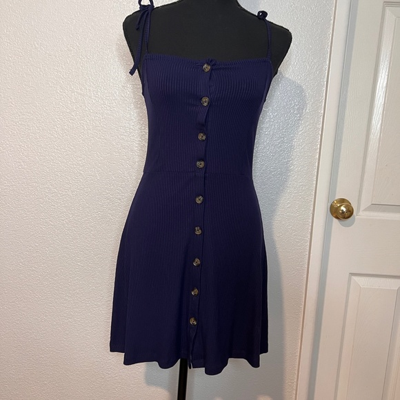 Topshop Navy Blue Button Front Tie Straps Mini Dress Size 4 - Picture 3 of 11